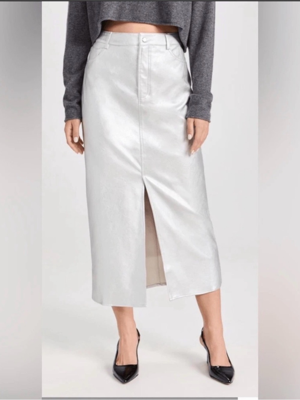 WAYF Metallic Silver Faux Leather Midi Skirt M NWT Coated Quiet Luxury Moto